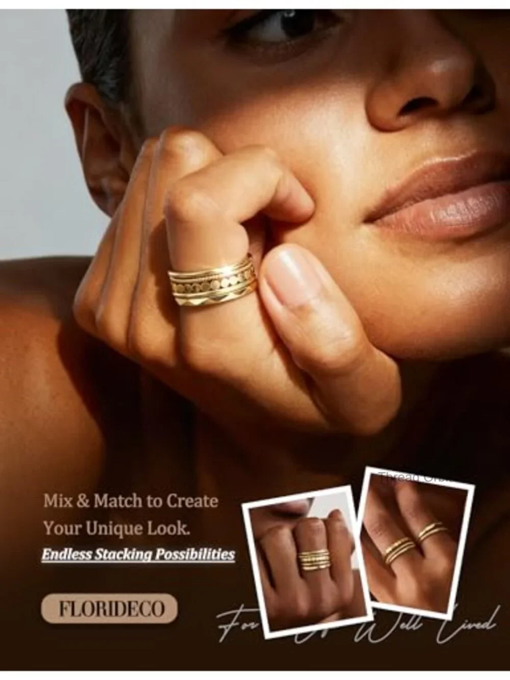 14K Gold Plated Stackable Rings Set - 5 Thin Dainty Bands Size 5-10